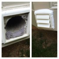 Before and after dryer vent cleaning at the outside vent termination point.